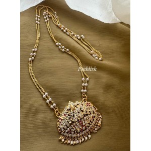 Impon Lakshmi with Haathi Pendant Pearl Double layer Chain Long Neckpiece - White with Red