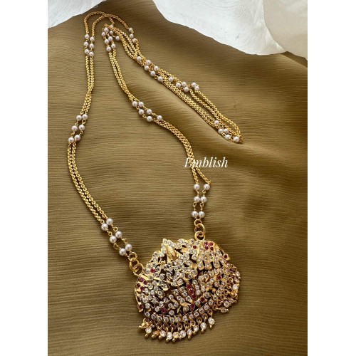 Impon Lakshmi with Haathi Pendant Pearl Double layer Chain Long Neckpiece - White with Red
