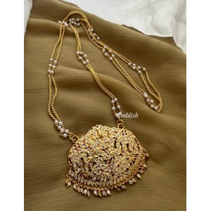 Impon Lakshmi with Double Haathi Flower Pearl Double Layer Long Neckpiece - White with Red