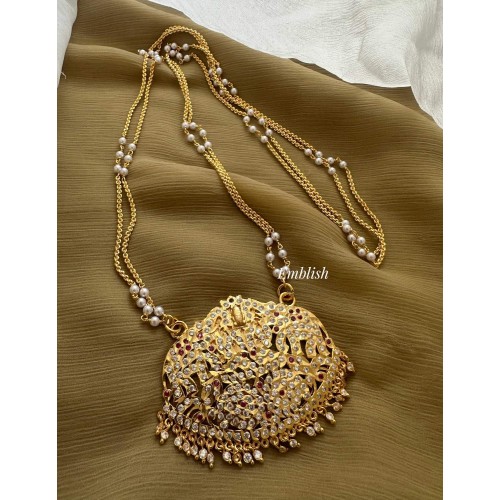 Impon Lakshmi with Double Haathi Flower Pearl Double Layer Long Neckpiece - White with Red