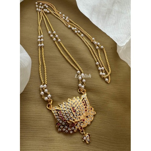 Impon Lotus Intricate Pendant  Pearl Double Layer Long Neckpiece - White with Red