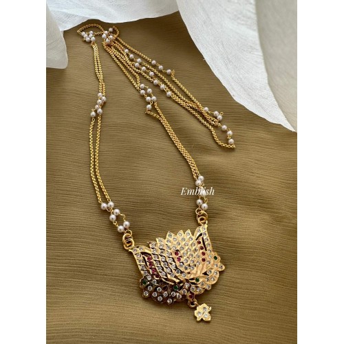 Impon Lotus Intricate Pendant  Pearl Double Layer Long Neckpiece 