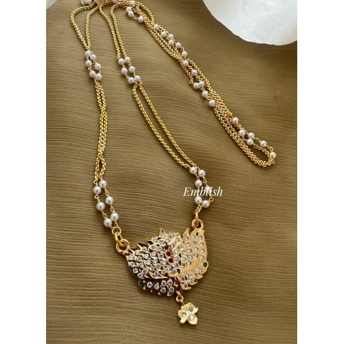 Impon Small Lotus Pendant Flower Drop Pearl Double layer Chain Long Neckpiece 