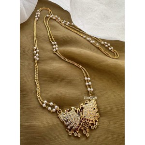 Impon Dancing Peacock Pendant Pearl Double layer Chain Long Neckpiece - White with Red