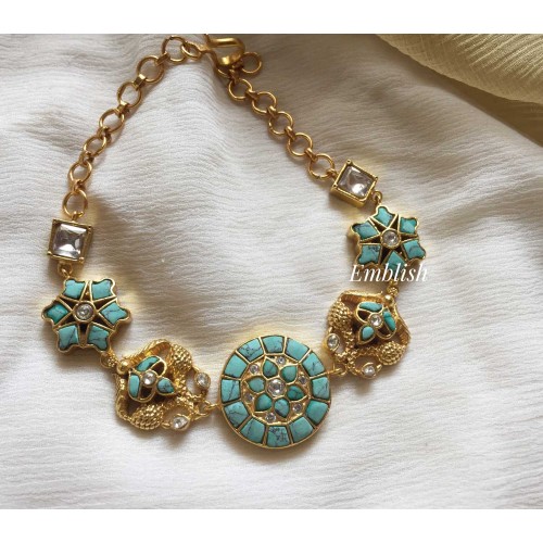 Antique Kundan Jadau Flower with Peacock Bracelet - Blue