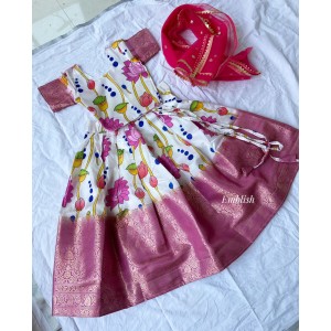 Digital print kalamkari Kancheevaram  Border Lehenga Set -Pink