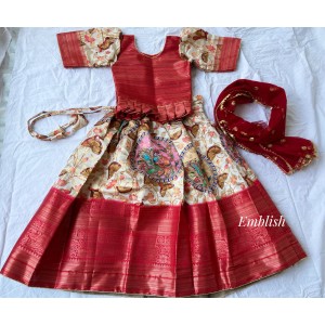 Digital print kalamkari Kancheevaram  Border Lehenga Set - Red