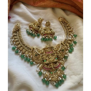 Grand Gold alike Antique Kundan Jadau Lakshmi Ganesha Peacock Short Neckpiece - Pastel Beads