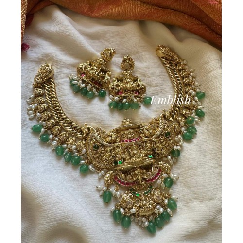Grand Gold alike Antique Kundan Jadau Lakshmi Ganesha Peacock Short Neckpiece - Pastel Beads