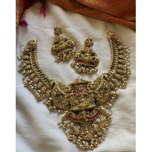 Grand Gold alike Antique Kundan Jadau Lakshmi Ganesha Peacock Short Neckpiece - Gold Beads