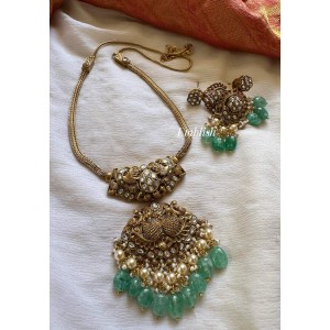 Elegant Kundan Jadau Antique Lakshmi Pastel Bead Pendant Set - White