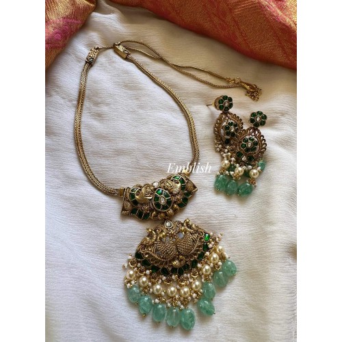 Elegant Kundan Jadau Antique Lakshmi Pastel Bead Pendant Set - Green