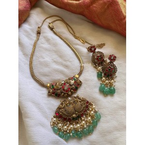 Elegant Kundan Jadau Antique Lakshmi Pastel Bead Pendant Set - Red with Green