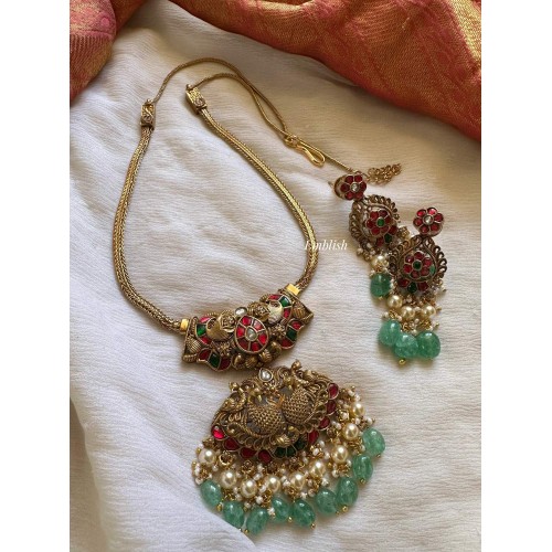Elegant Kundan Jadau Antique Lakshmi Pastel Bead Pendant Set - Red with Green