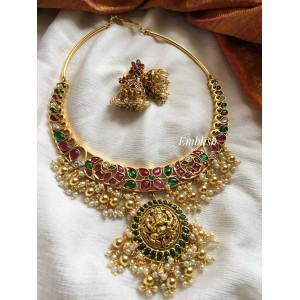 Gold alike Ganesha Kemp stone double beads Neckpiece