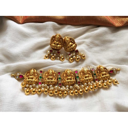 Kundan Jadau Lakshmi High Neck choker - Gold Beads