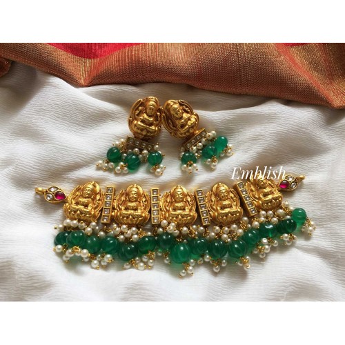Kundan Jadau Lakshmi High Neck choker - Green Beads