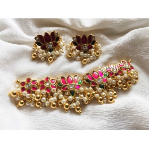 Lotus Kundan Jadau High Neck Choker - Gold Beads