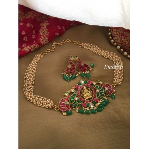 Kundan Jadau Lakshmi Peacock Choker - Green Beads