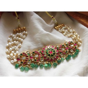 Kundan Jadau Flower with Peacock Pearl Choker - Green Beads