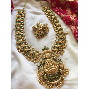 Gold alike Lakshmi with Double Peacock Long Neckpiece - Gold Beads.