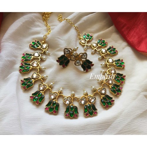 Kundan Jadau Heart Lotus Neckpiece - Green with pink