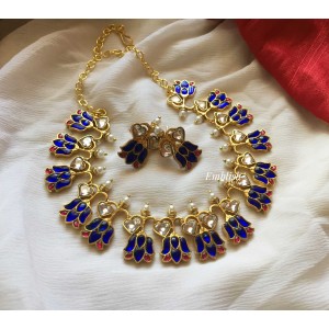 Kundan Jadau heart  Lotus Neckpiece - Royal Blue