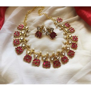 Kundan Jadau Heart  Lotus Neckpiece - Red