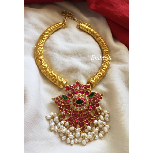 Kundan Jadau Double Peacock with rice pearl Hasli Neckpiece