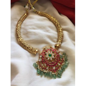 Kundan Jadau Flower double peacock with green beads Hasli neckpiece