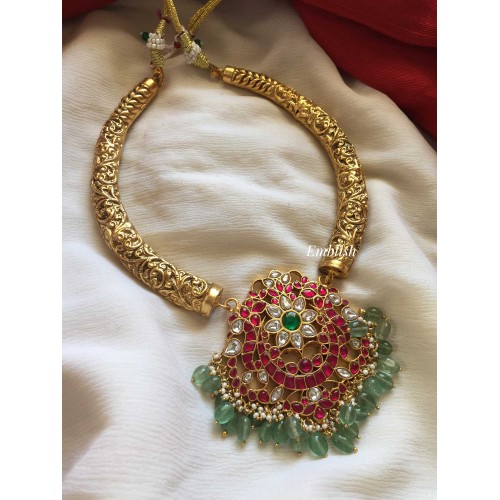 Kundan Jadau Flower double peacock with green beads Hasli neckpiece