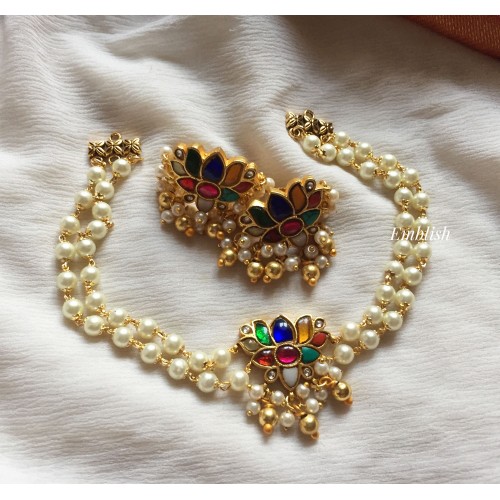 Kundan Jadau Lotus Navarathna Pearl High neck choker