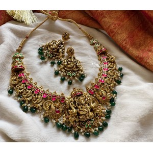 Kundan Jadau Ganesha Haathi Peacock Short Neckpiece - Green Beads