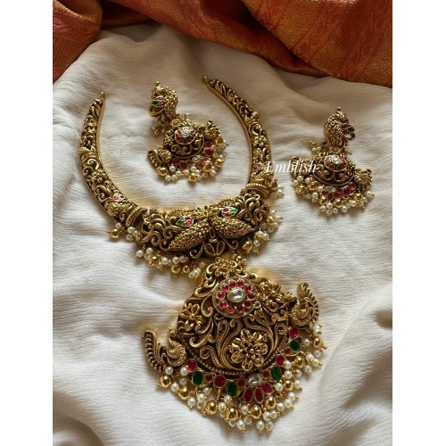 Gold alike Royal Kundan Jadau  Flower Intricate Peacock Pendant Non Idol Hasli Neckpiece set