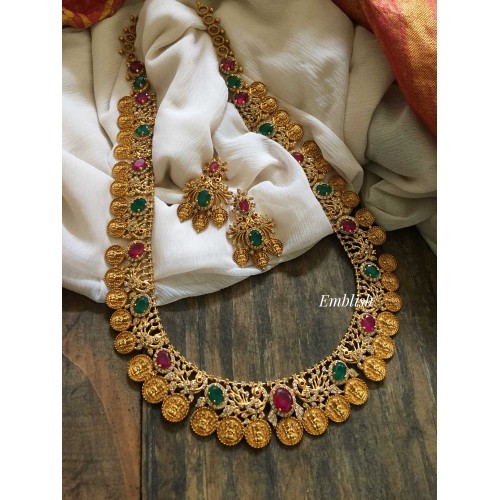 Lakshmi coin Peacock cut work Ad stones Midlenght neckpiece 