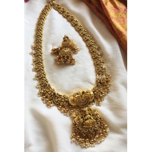 Antique 3D Lakshmi with Double Peacock Long Neckpiece - Gold Beads