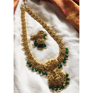 Antique 3D Lakshmi with Double Peacock Long Neckpiece - Green Beads