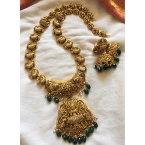 Lakshmi with double peacock Flower long Neckpiece - Green Beads.
