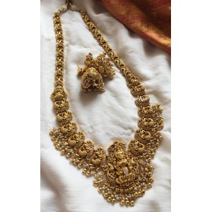 Lakshmi with Double Peacock Double Beads long Neckpiece - Gold Beads