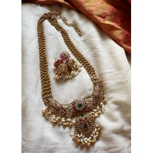 Kemp Flower Pendant Rice pearl Drop Long Neckpiece