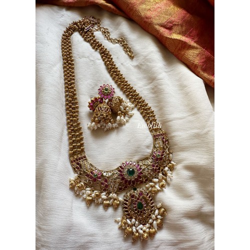 Kemp Flower Pendant Rice pearl Drop Long Neckpiece