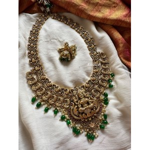 Antique Lakshmi Double Layer Bridal Neckpiece - Green Beads