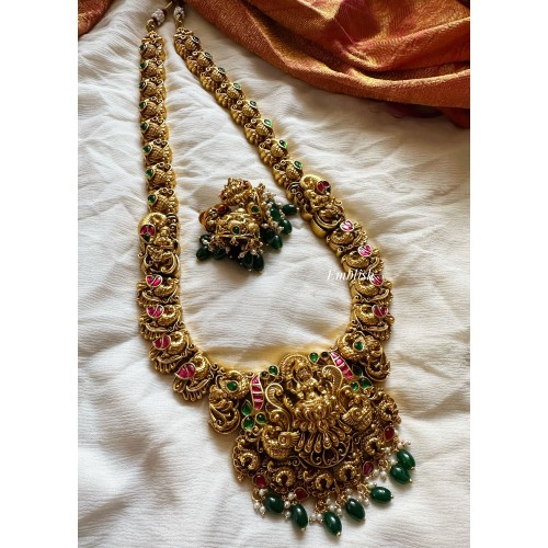 Kundan Jadau Lakshmi with Double Peacock Long Neckpiece - Green Beads