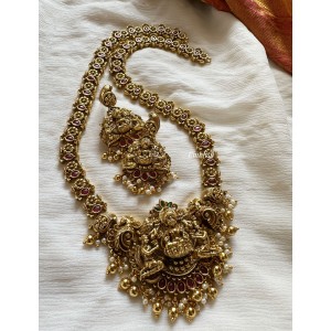 ANTIQUE LAKSHMI WITH DOUBLE PEACOCK FLOWER NECKPIECE - GOLD BEADS