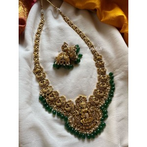 Lakshmi with Double Peacock Double Beads long Neckpiece - Green Beads