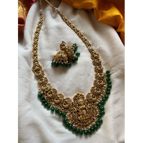 Lakshmi with Double Peacock Double Beads long Neckpiece - Green Beads