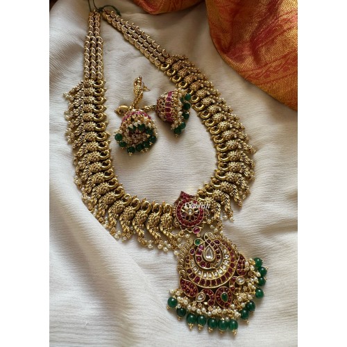 Kemp Annam Flower with Peacock Long Neckpiece - Green Beads