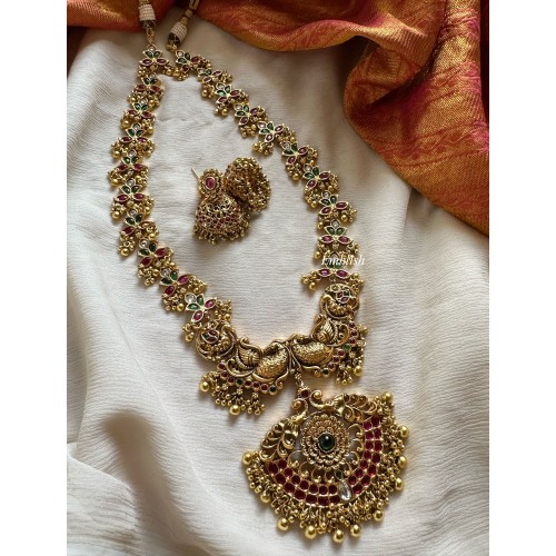 Kemp Flower with Double Peacock Flower Long Neckpiece - Gold Beads