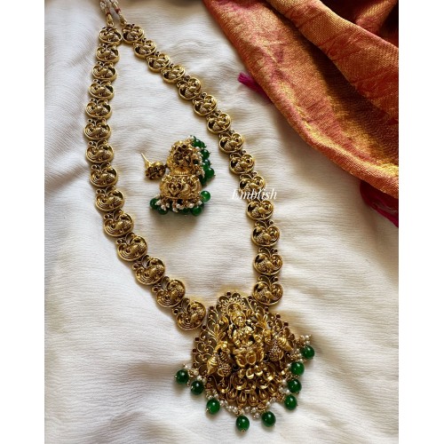 Lakshmi with Peacock Intricate Long Neckpiece - Green Beads