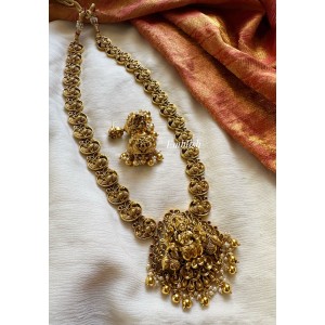 Lakshmi with Peacock Intricate Long Neckpiece - Gold Beads